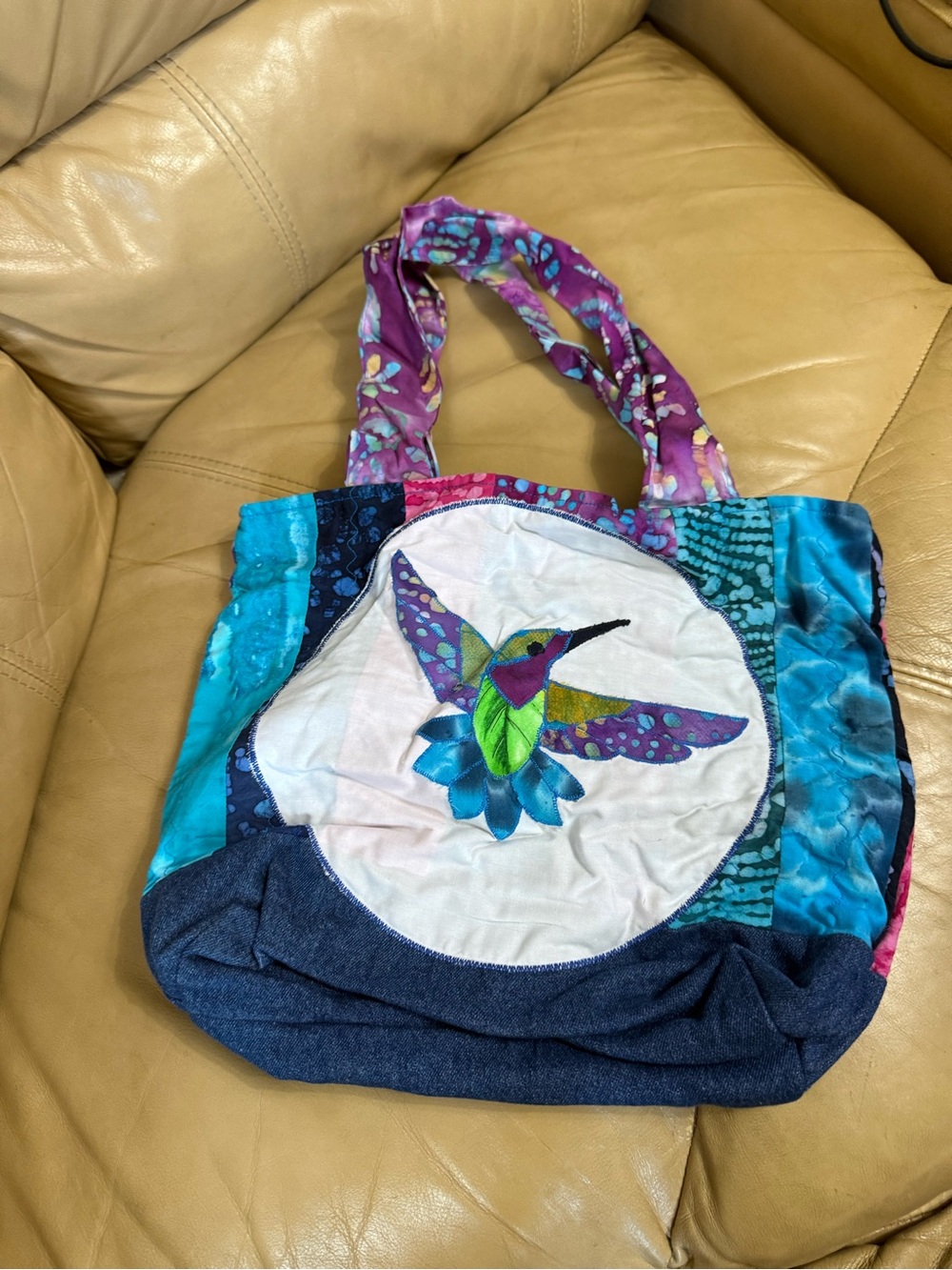 Handmade Batik Patchwork Hummingbird Tote Bag Denim Boho Artisan